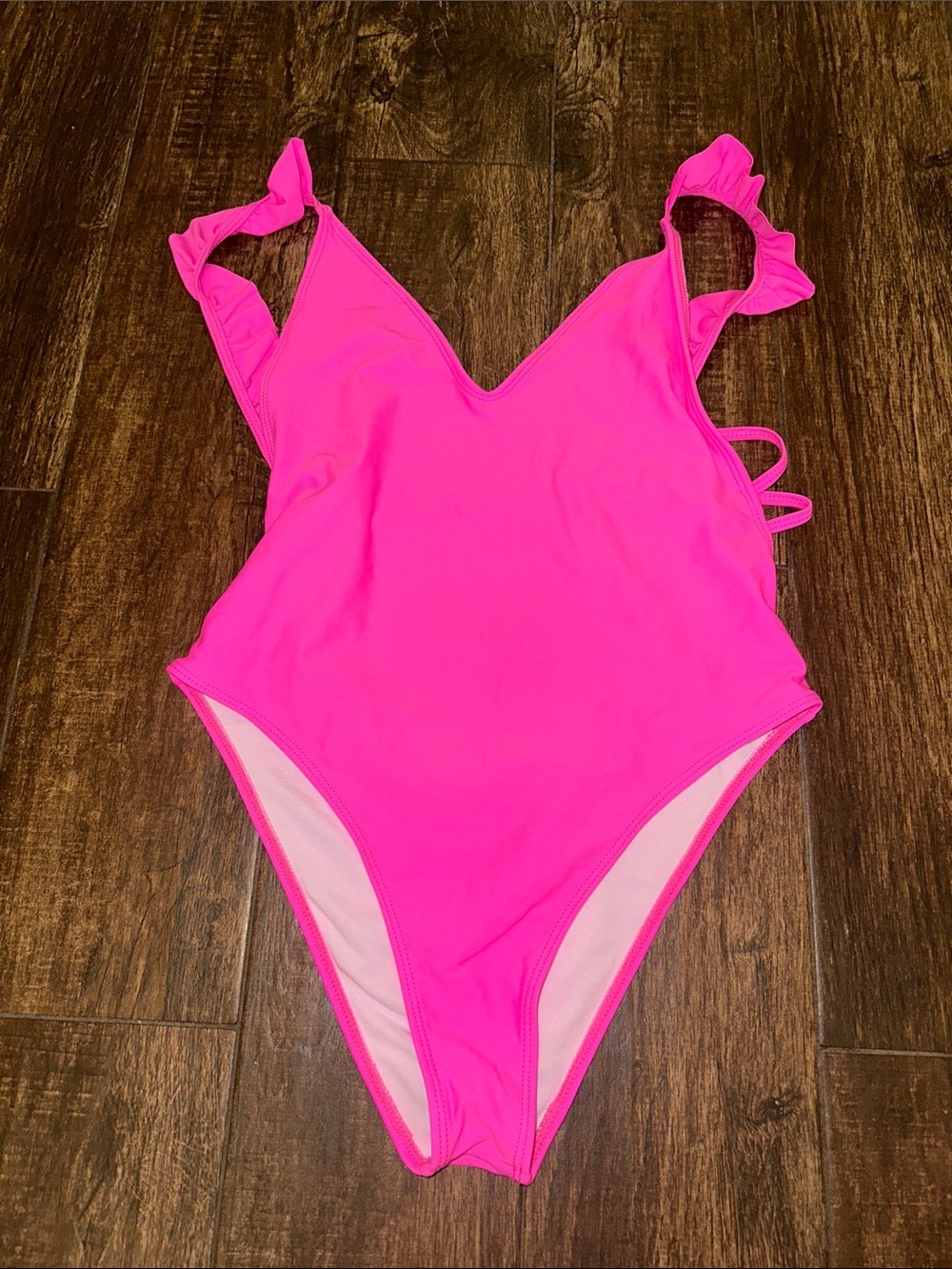 Hot Pink Ruffle Strap One Piece Swimsuit Size Large